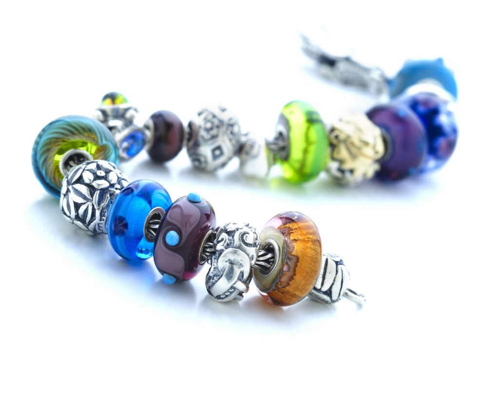 colorful beaded bracelet from a dramatic angle with selective focus