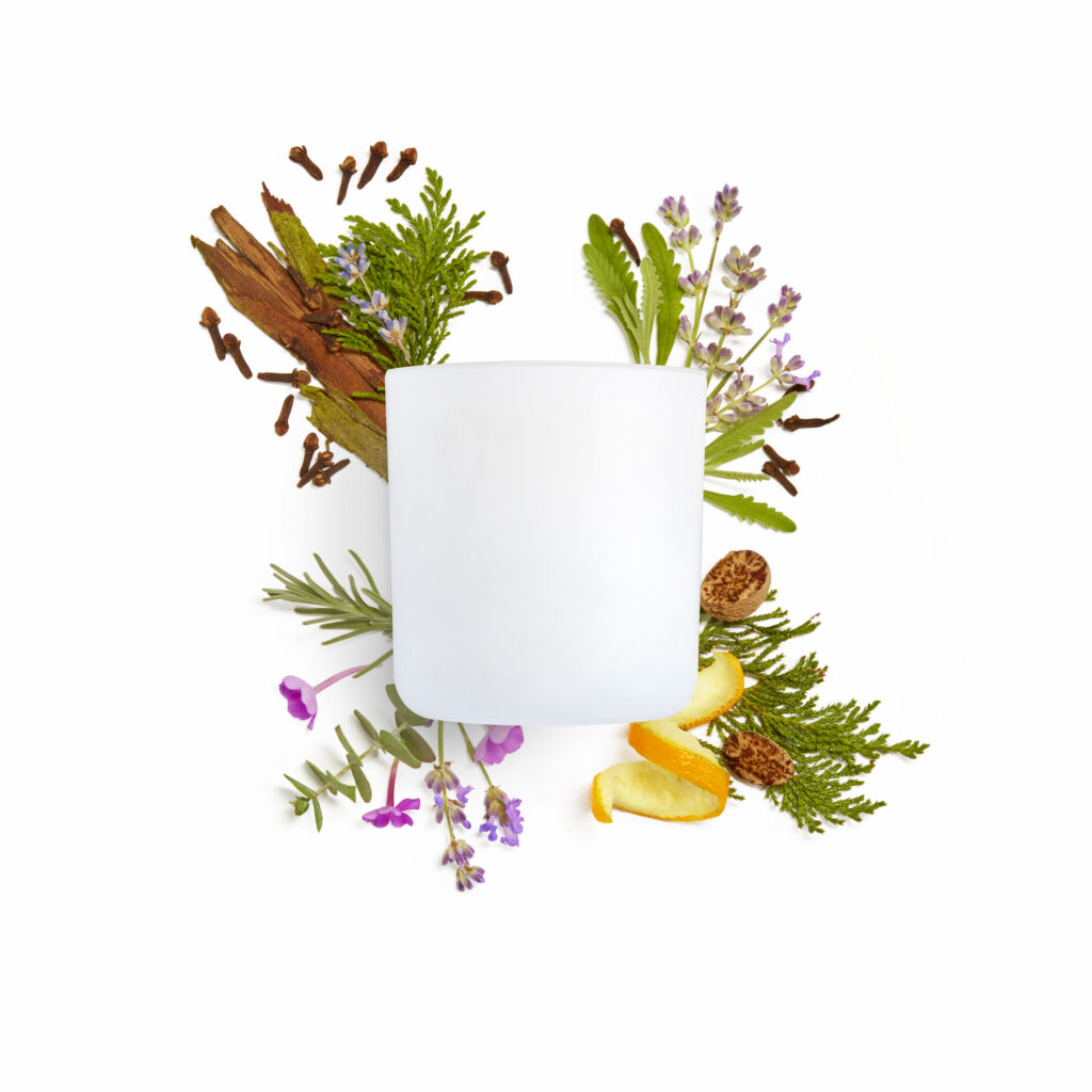 Cue Company candle jar with fresh botanicals on white background