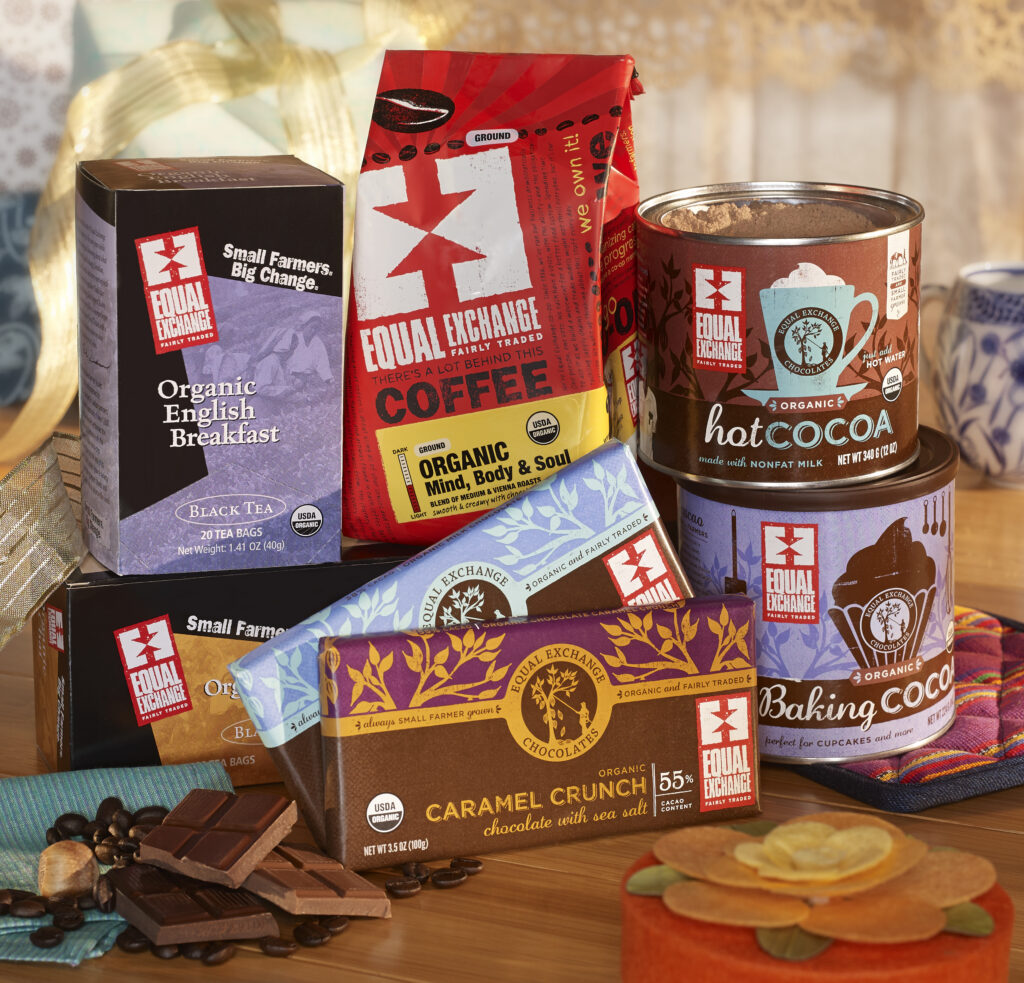 Equal Exchange chocolate bars with coffee tea and cocoa powder