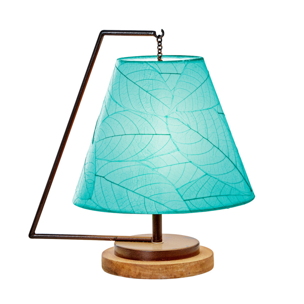 Fair trade Eangee table lamp with aqua shade on white background