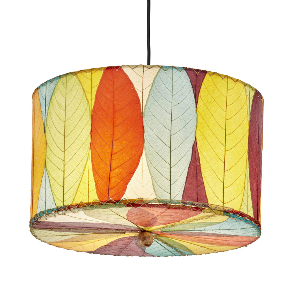 Fair trade Eangee drum lamp with multicolor shade on white background