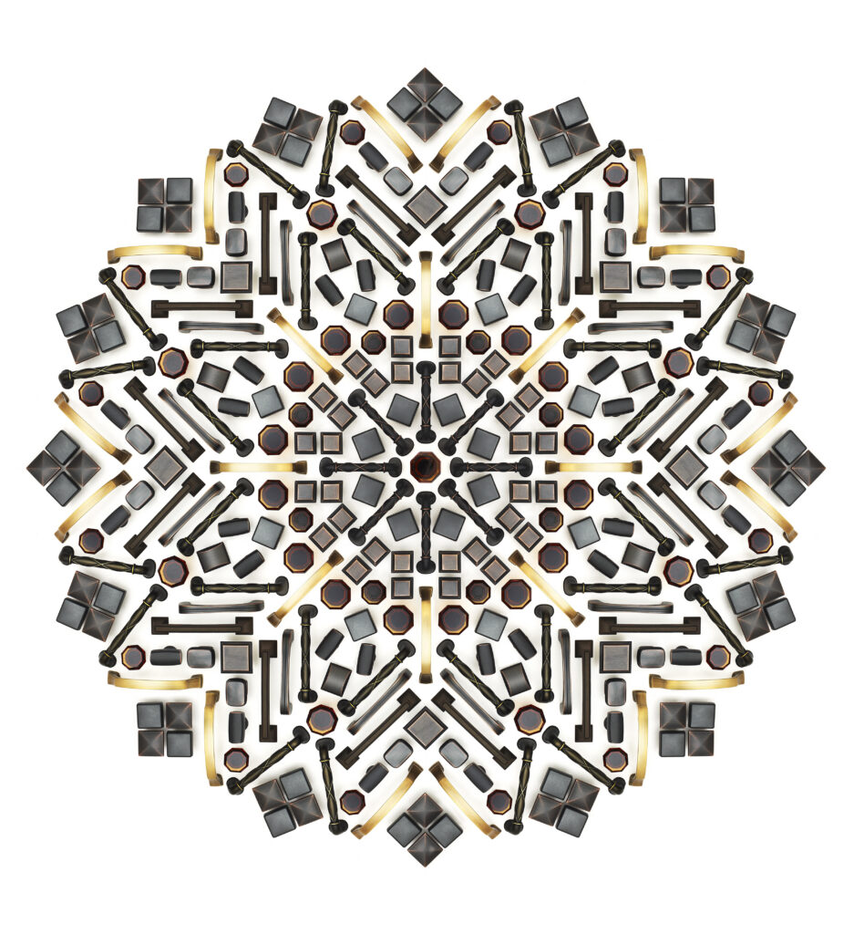 Amerock hardware in multiple styles and finishes arranged in a kaleidoscope effect on white