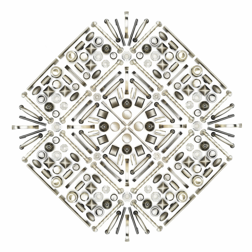 Amerock hardware in multiple styles and finishes arranged in a kaleidoscope effect on white