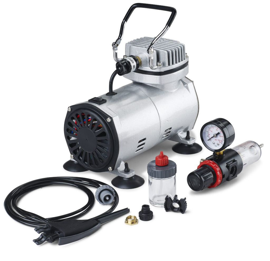 Air compressor and various parts on white background