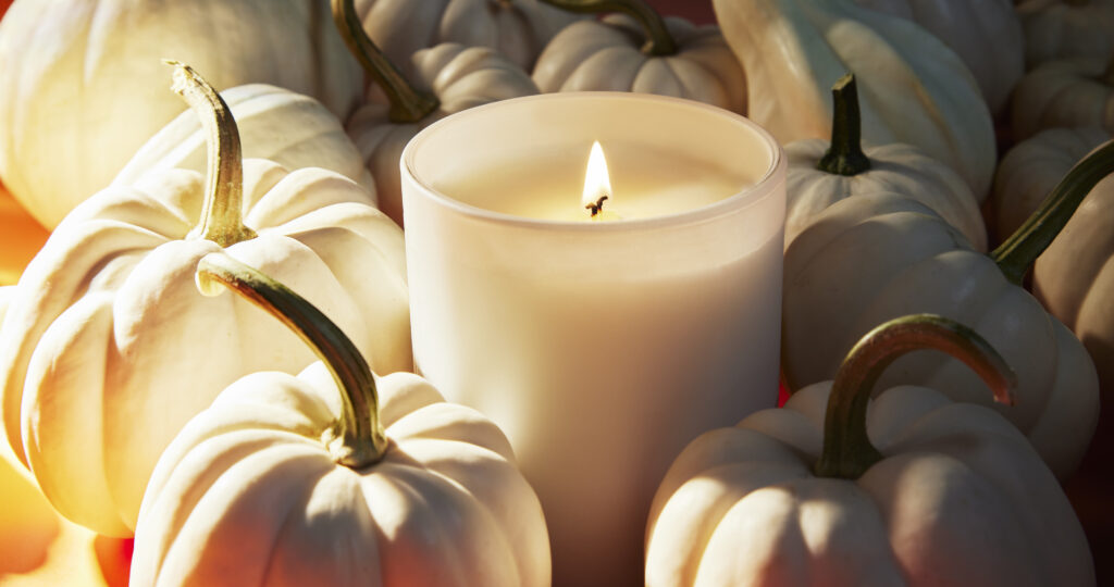 Cue Candle Company white candle jar in field of white pumpkins