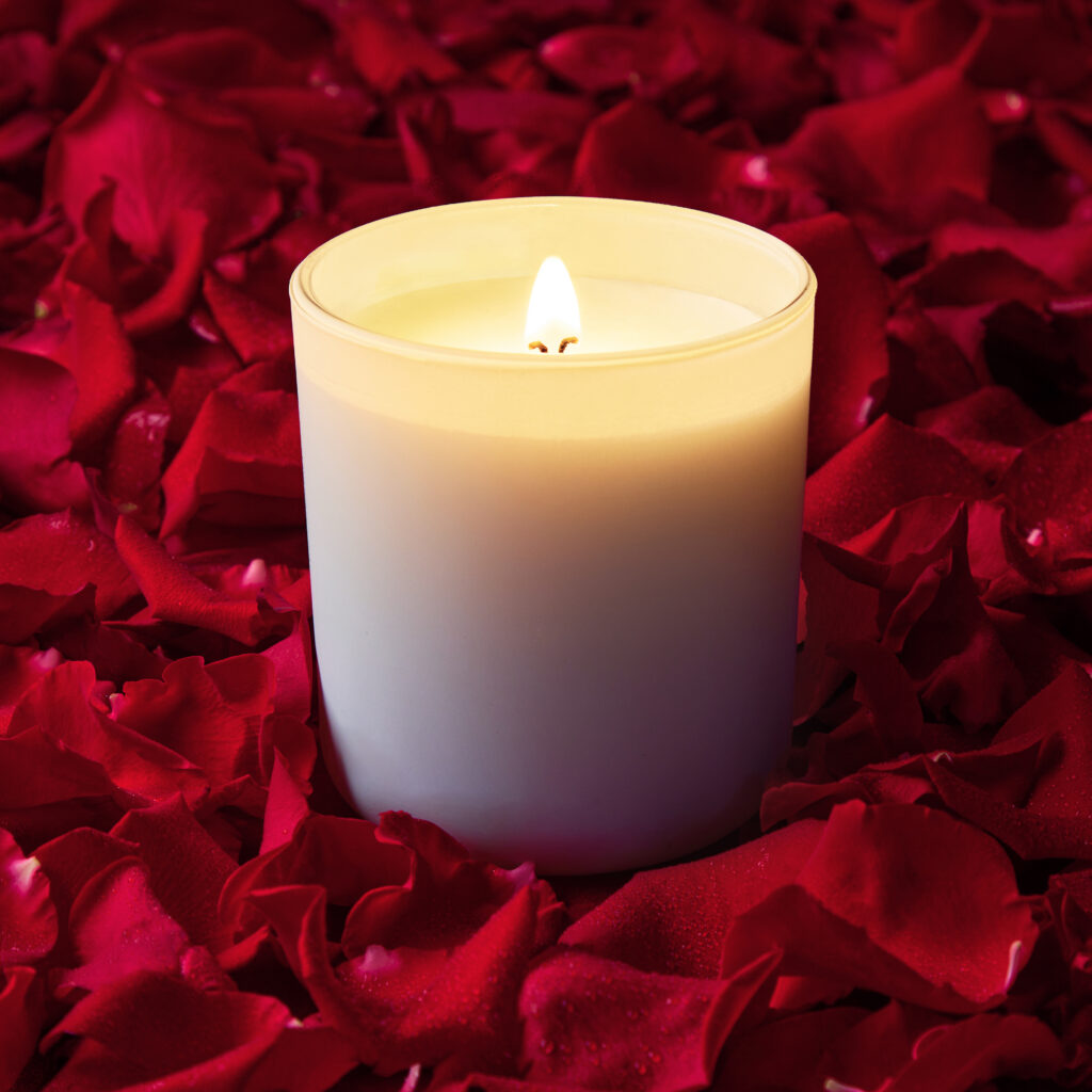 Cue Candle Company white candle on bed or red rose petals