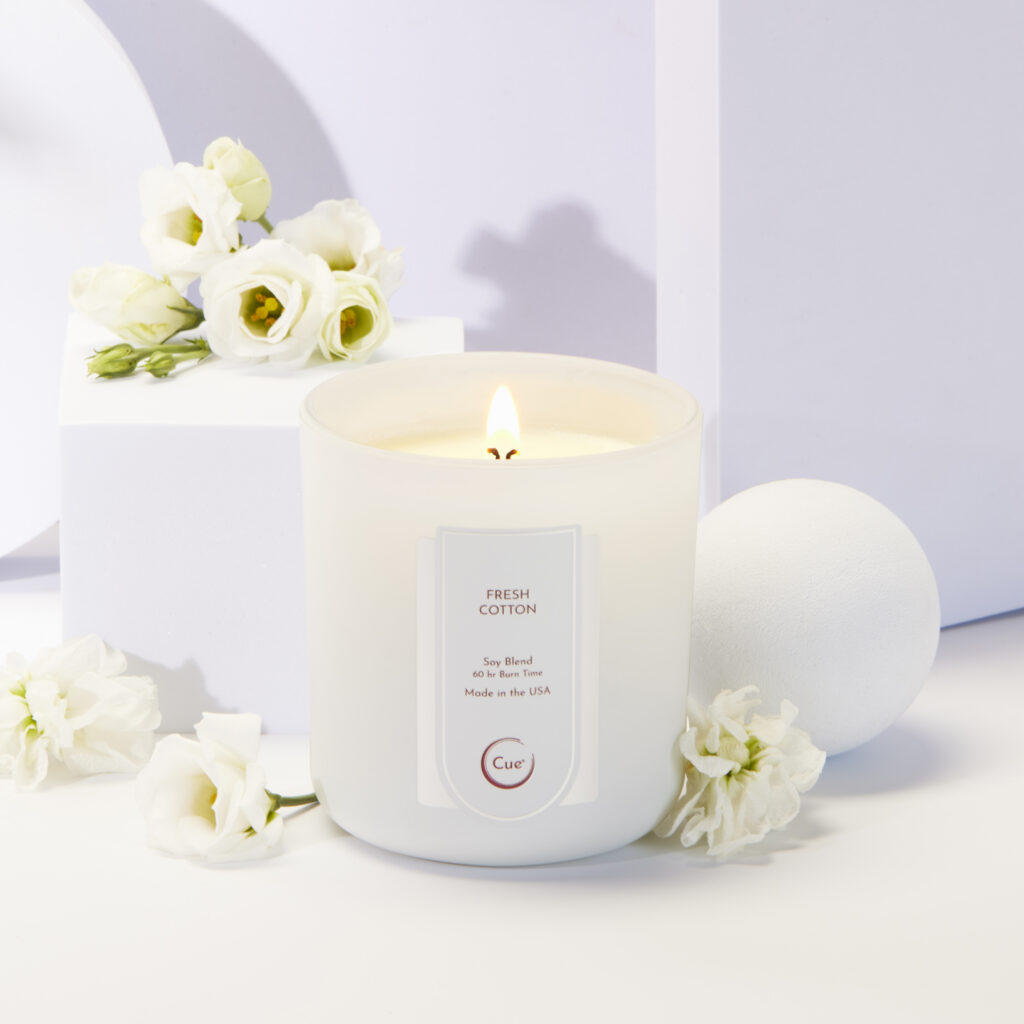 Cue Candle Company white Fresh Cotton candle in dreamy white scene