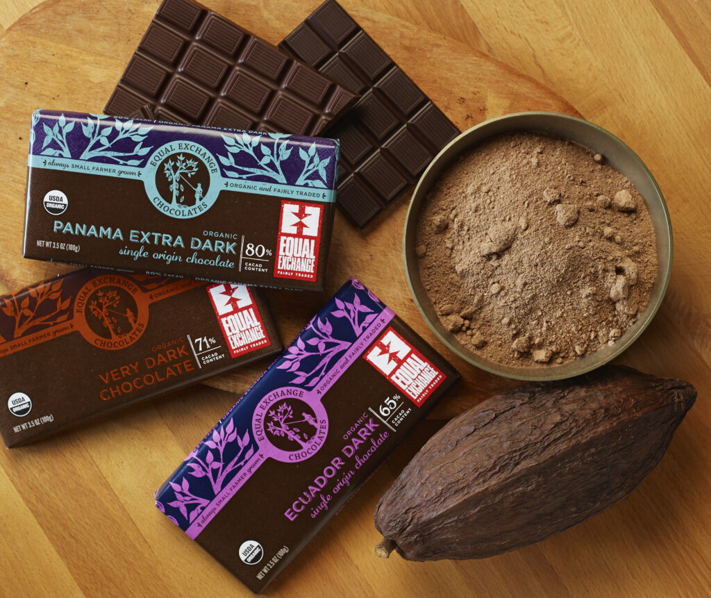 Equal Exchange chocolate bars powdered cocoa and cocoa pod