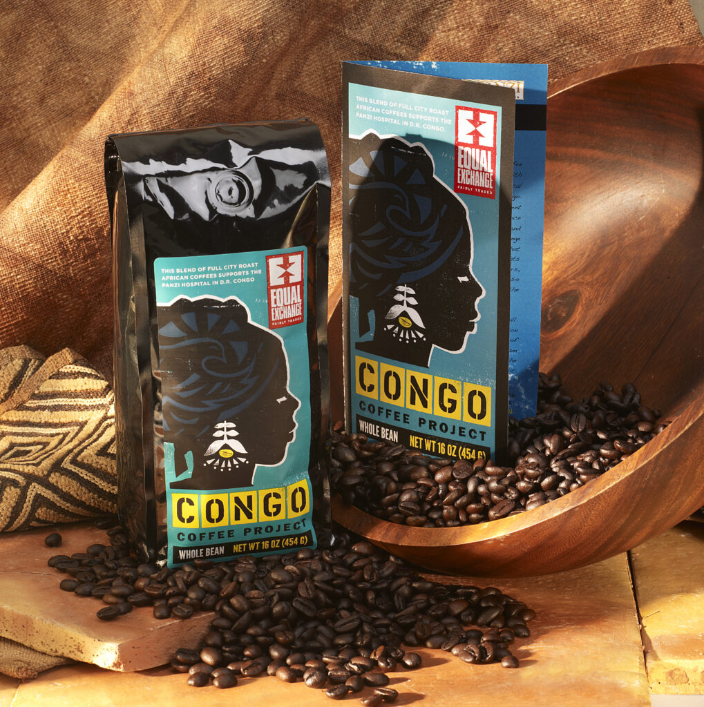 Equal Exchange Congo Coffee Project packages with spilled coffee beans