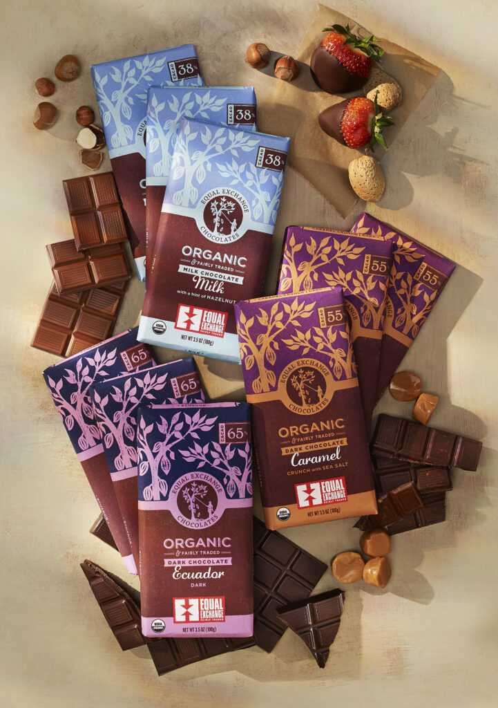 Equal Exchange organic chocolate bars with fruit and nuts and broken chocolate bars from above