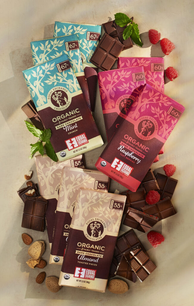 Equal Exchange organic chocolate bars with fruit and nuts and broken chocolate bars from above