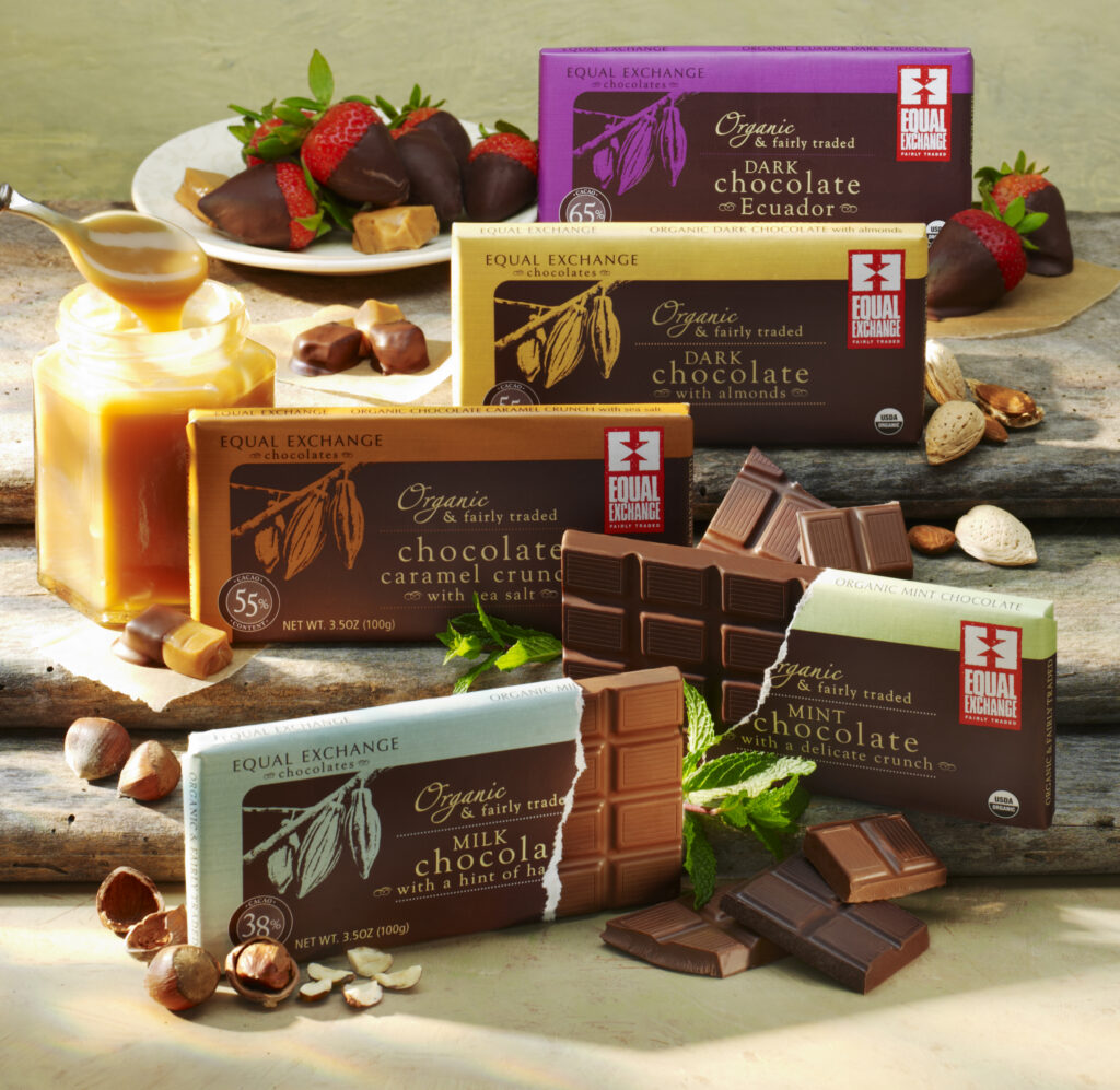 partially unwrapped Equal Exchange chocolate bars with caramel and berries