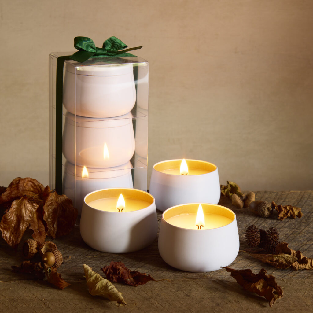 Cue Candle Company white tin candle gift set on wood with fall props