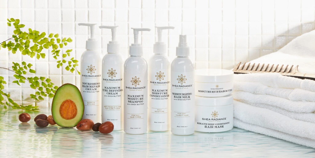 Shea Radiance beauty brand luxury packaging in spa setting