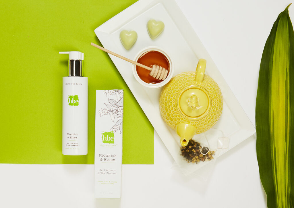 luxury beauty brand on bright green and white background with tea and honey