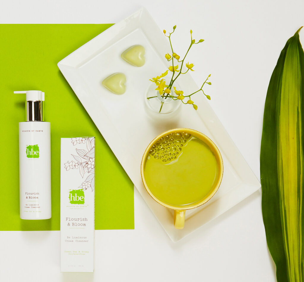 luxury beauty brand on bright green and white background with matcha
