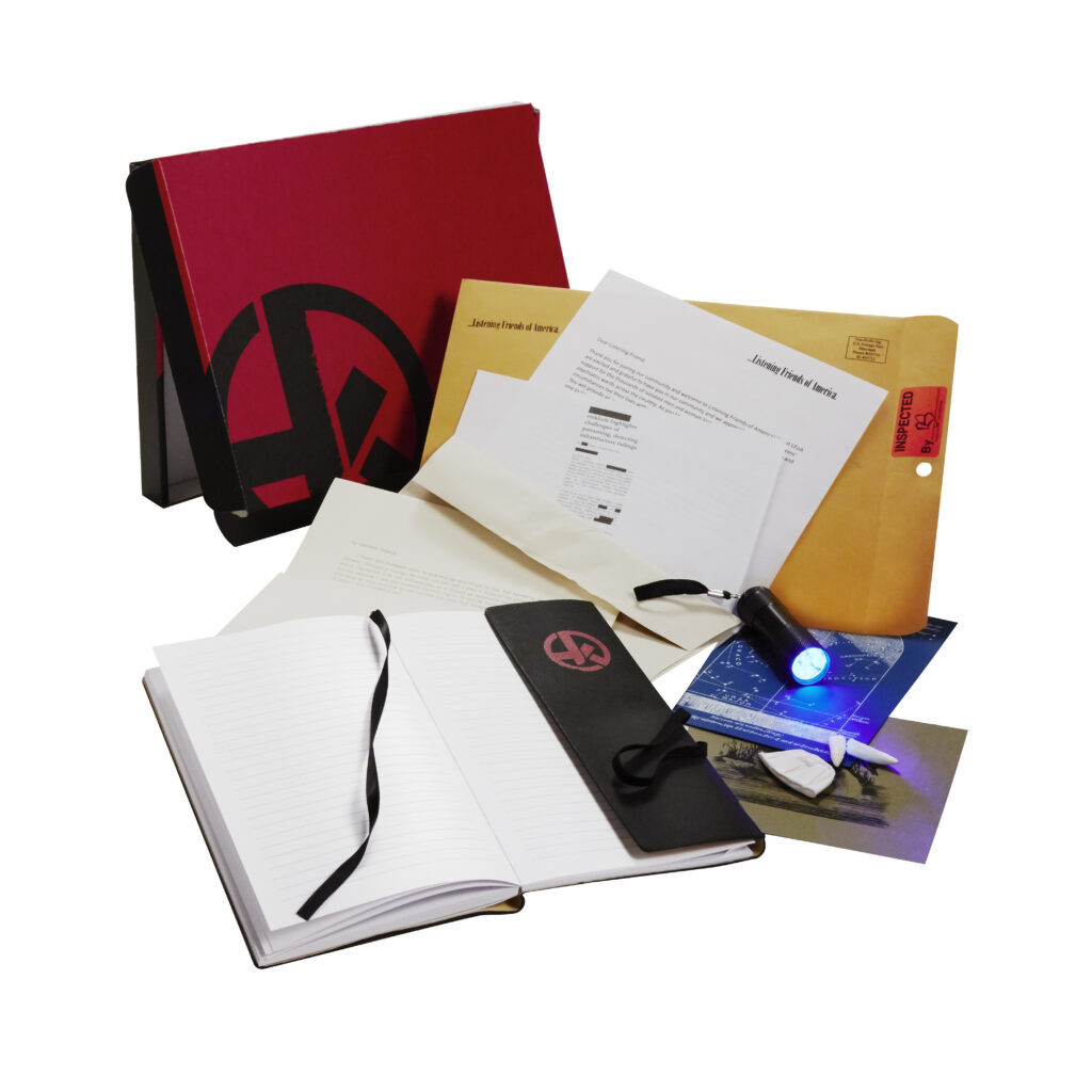 Hunt a Killer subscription box contents on white background