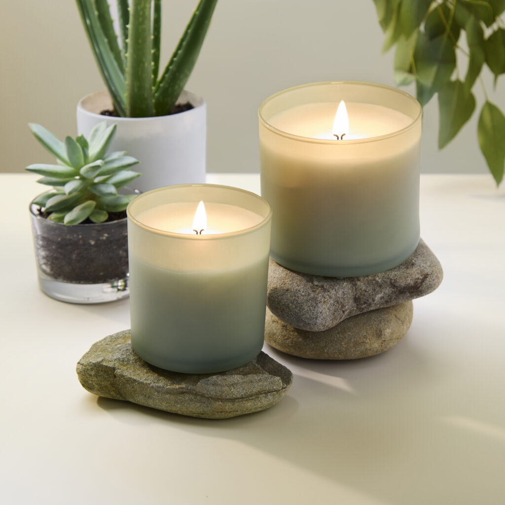 Cue Candle Company frosted sage candles in spa setting