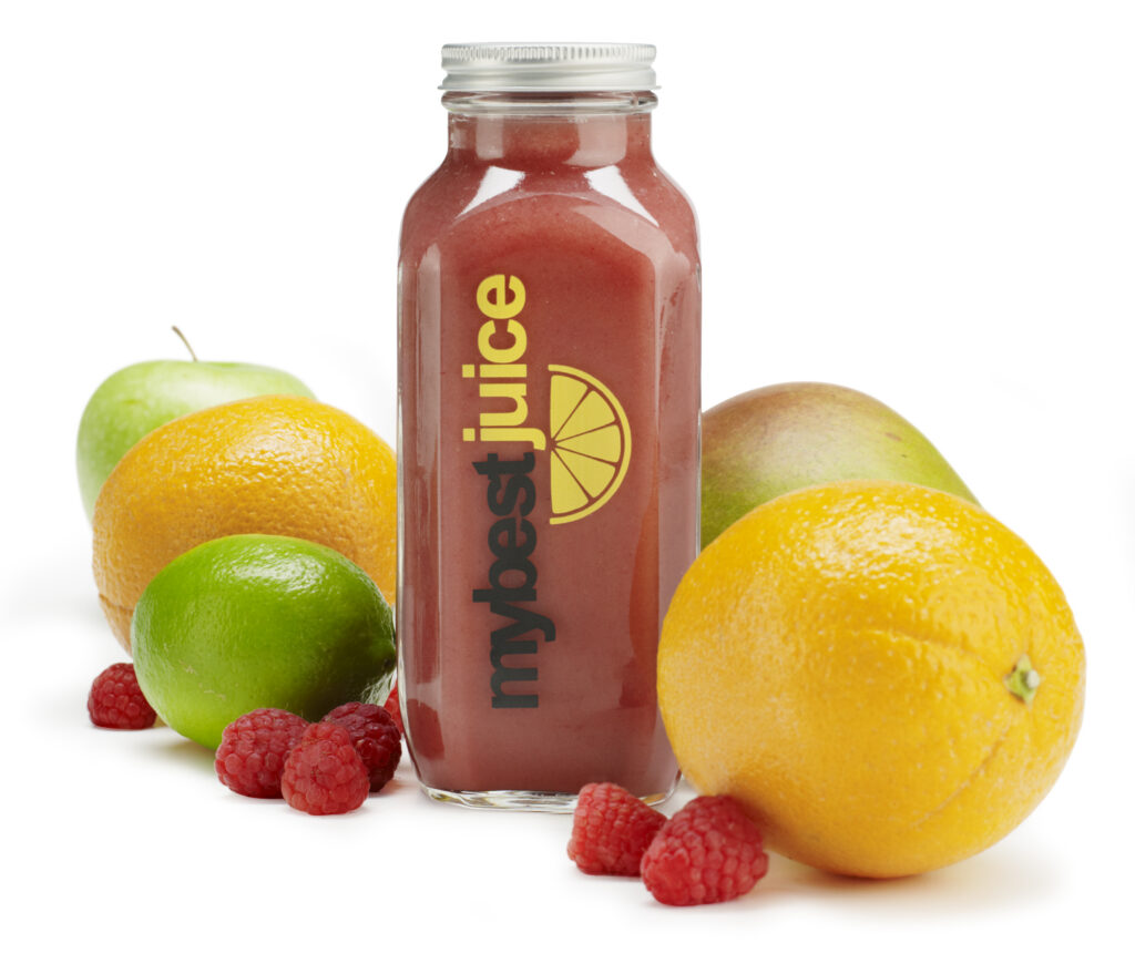 My Best Box fresh fruit and juice bottle on white background