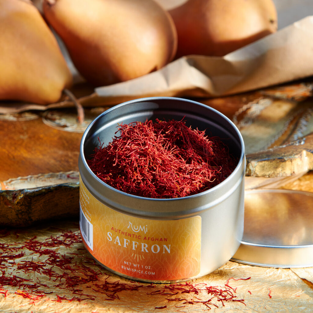 beautiful photo of saffron in a metal tin