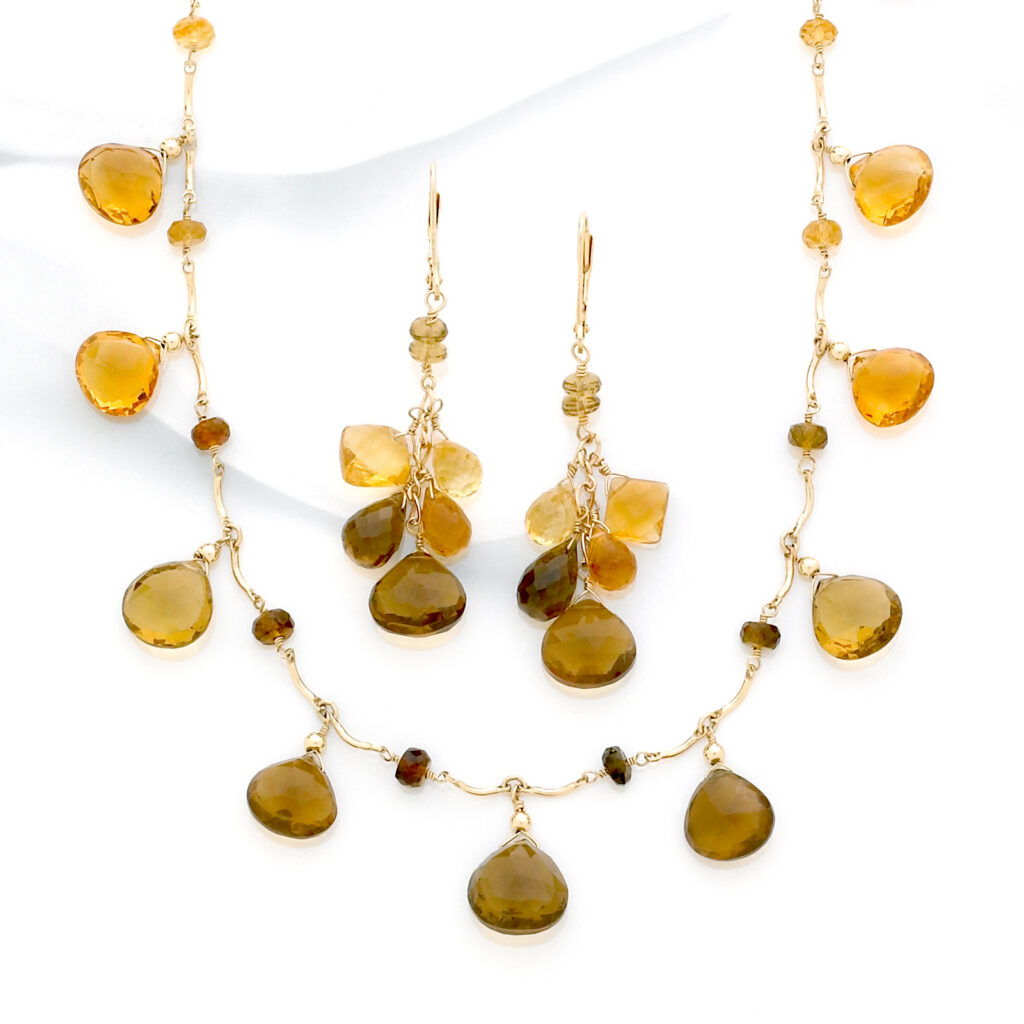whiskey colored quartz necklace and earring set on white background with soft lighting