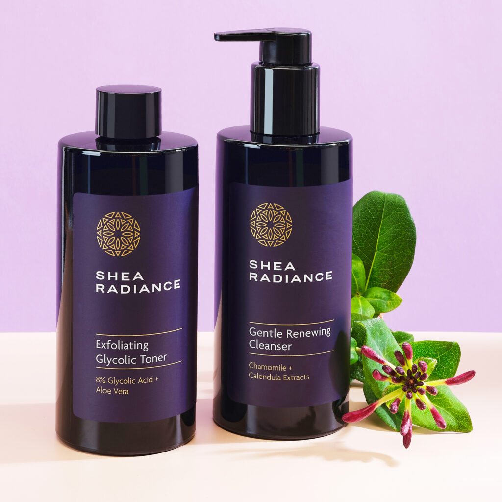 Shea Radiance beauty brand luxury packaging on lavender