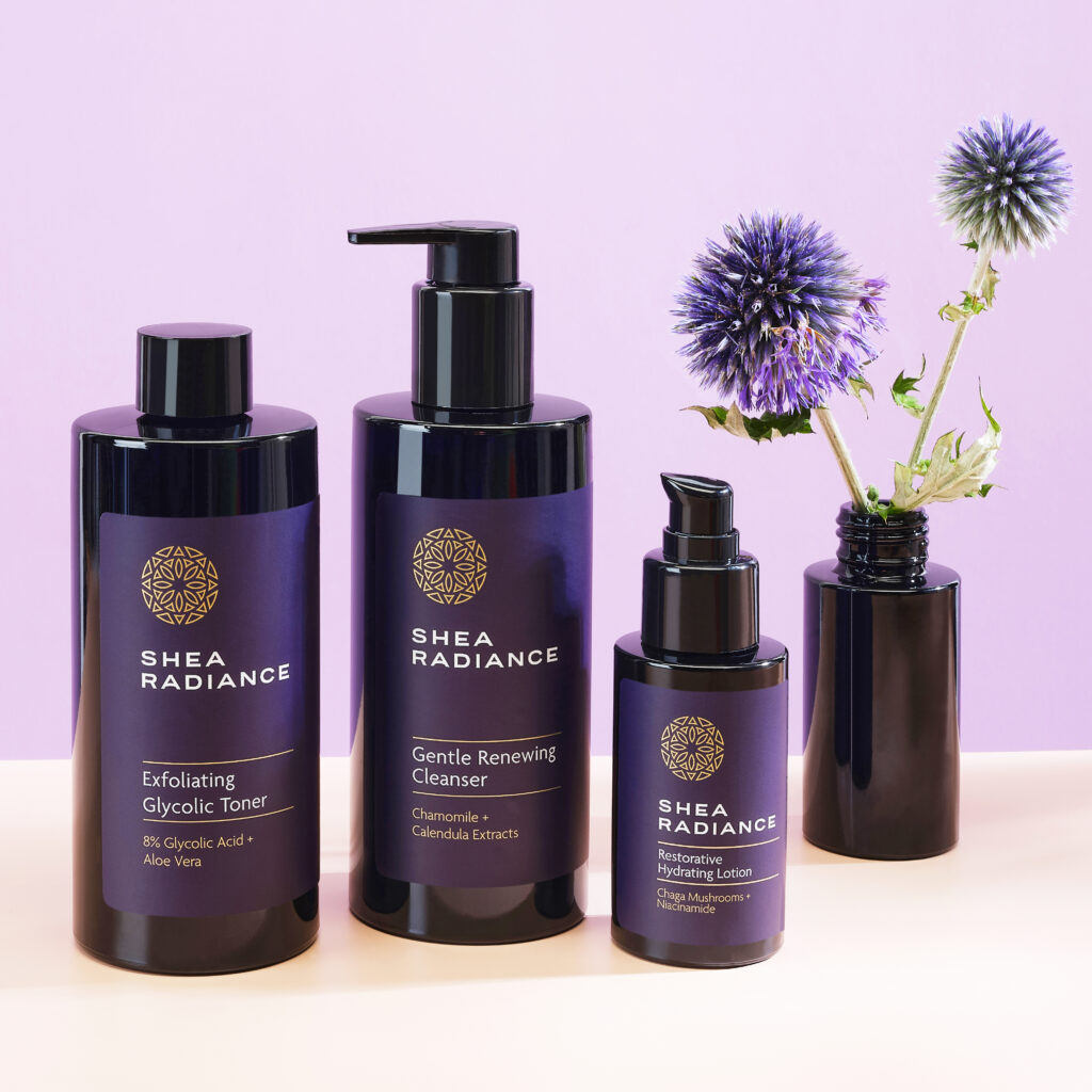 Shea Radiance beauty brand luxury packaging on lavender