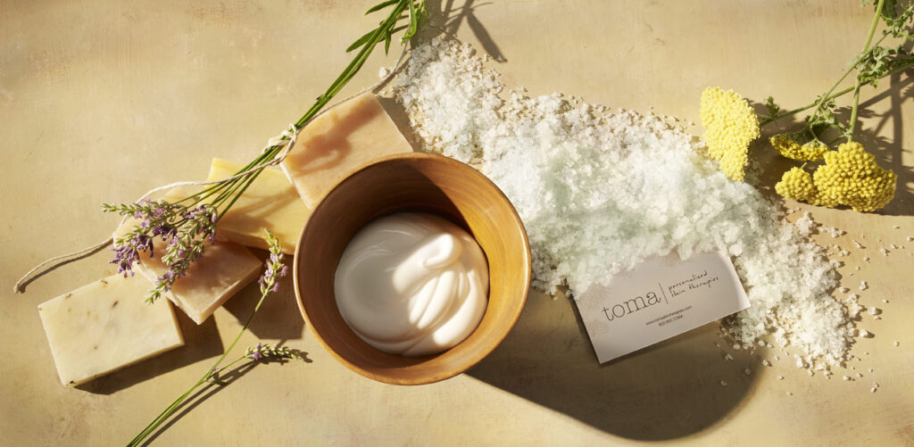 luxury beauty brand lotion and soaps with botanical props