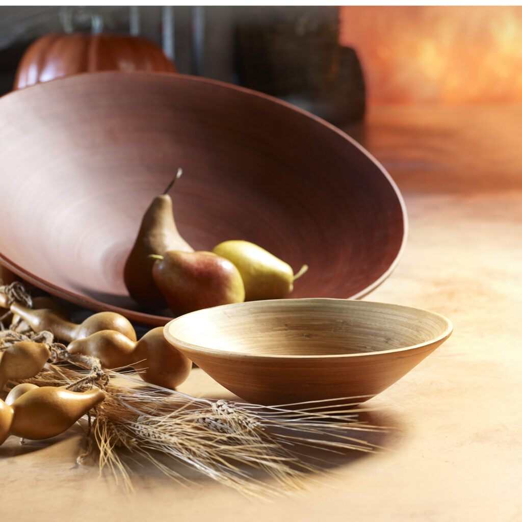fair trade bamboo bowls in fall colors with pears
