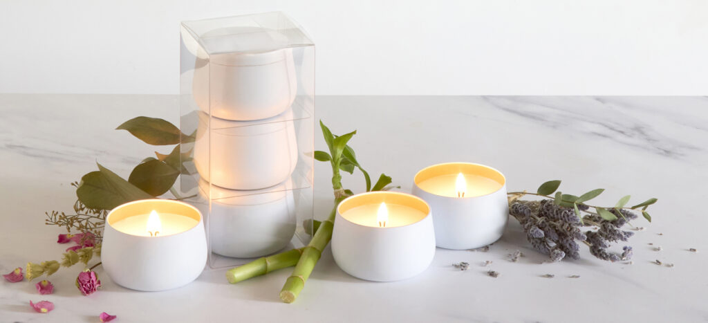Cue Candle Company white votives gift set with botanicals