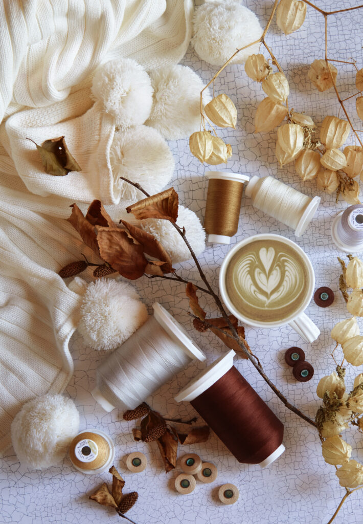 brown and white fall montage with coffee colored threads
