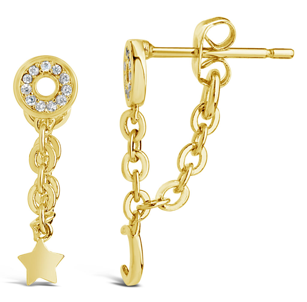 gold chain and CZ earrings on a white background