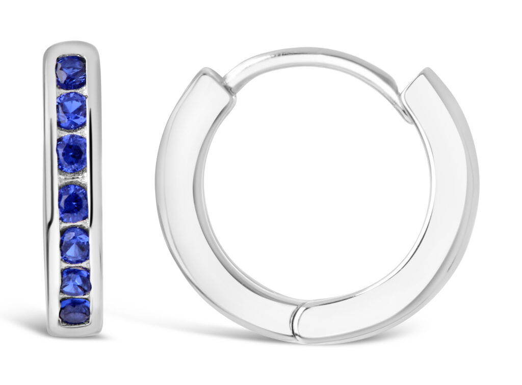 silver and sapphire earrings on a white background