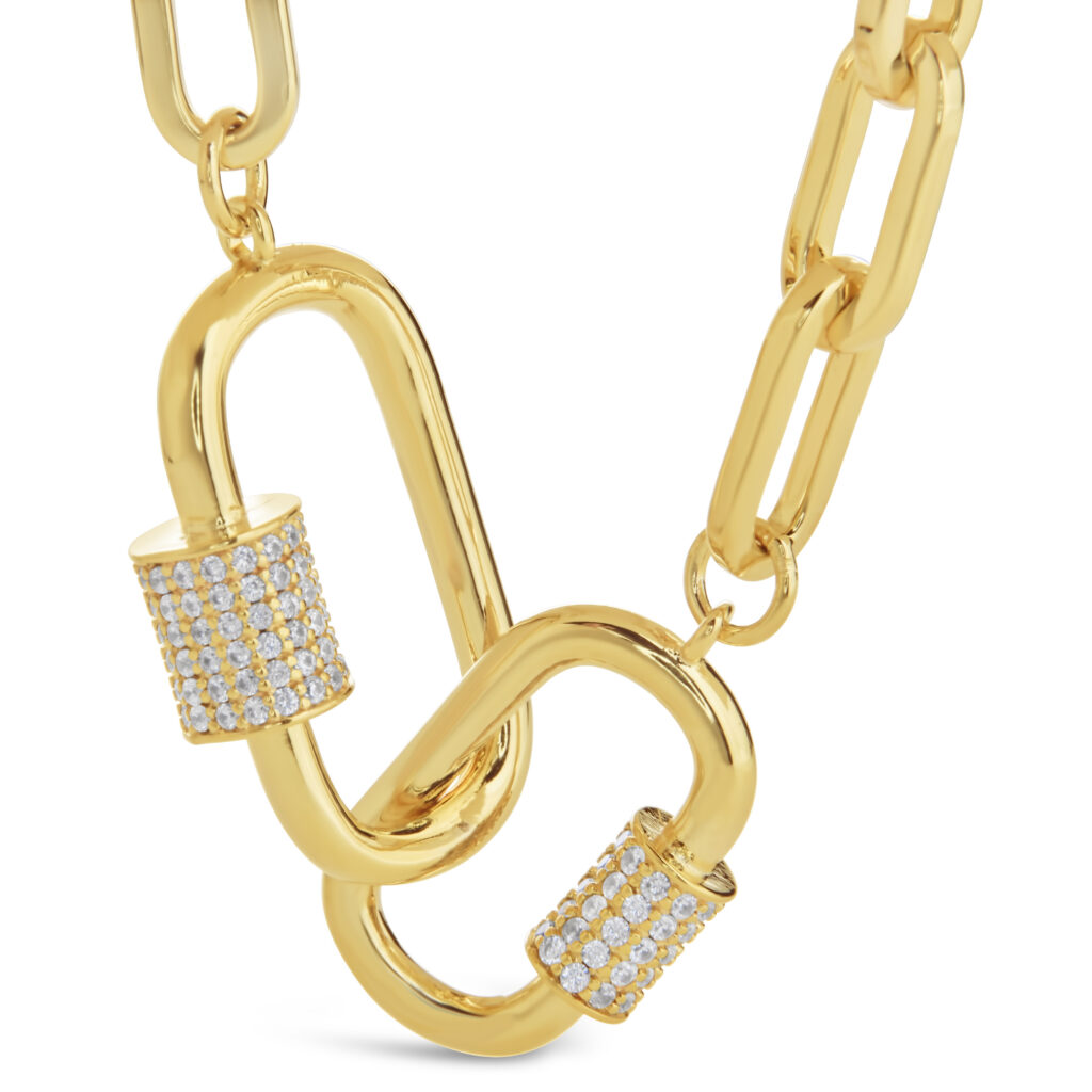 gold and diamond carabiner link chain on white background