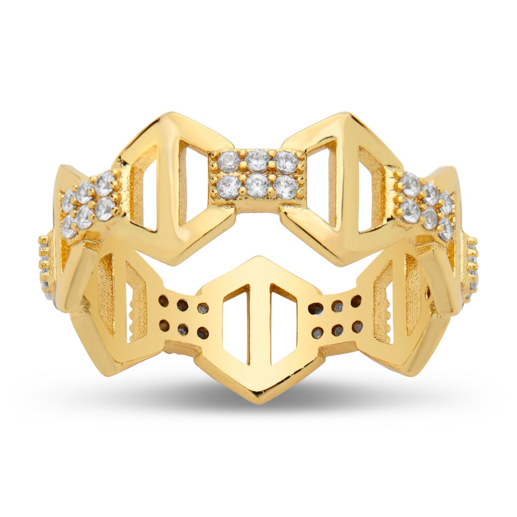 gold and diamond ring on white background