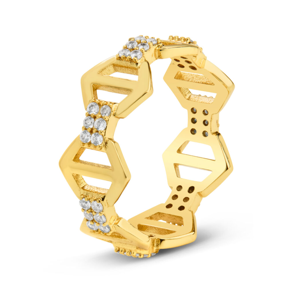 gold and diamond ring on white background