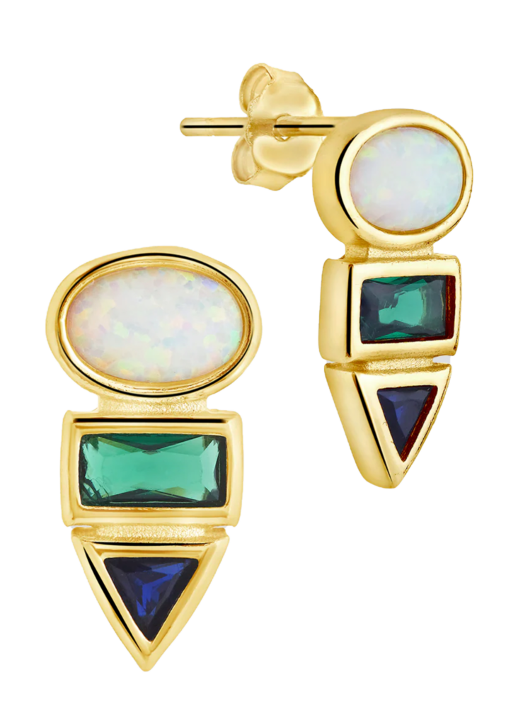 Opal emerald and sappire earrings on a white background