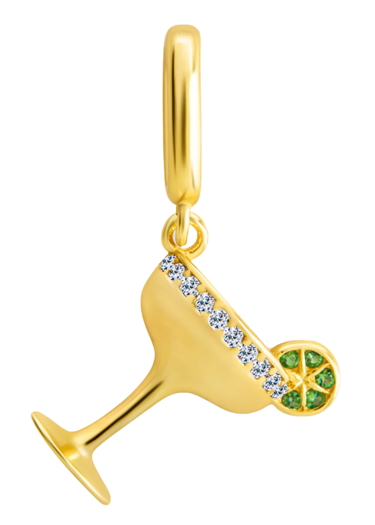 gold margarita charm with emeralds and diamonds on a white background