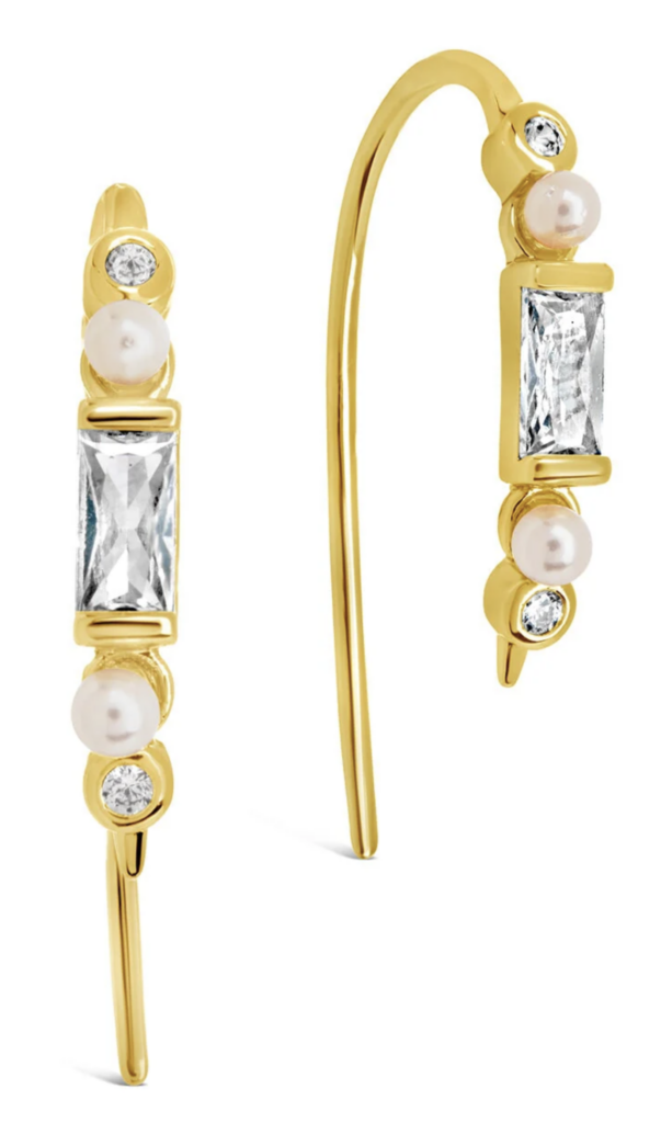 gold threader earrings with pearls on a white background